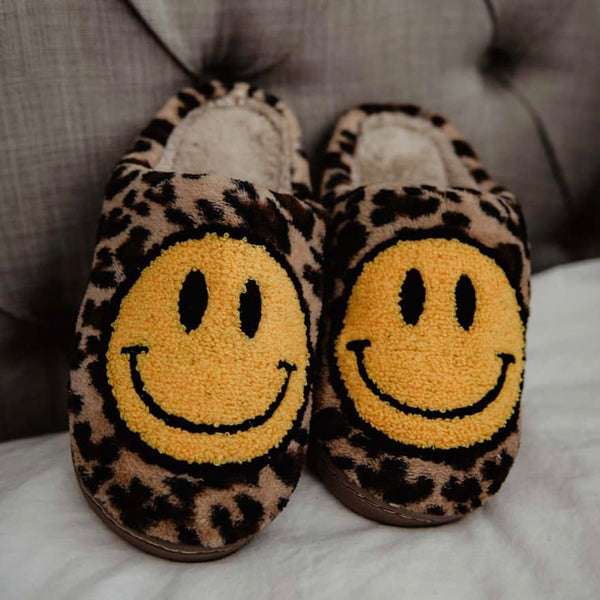 Leopard Smile Face Slippers, Happy Face Slippers, Leopard Print Slippers, Smiley Face Slippers
