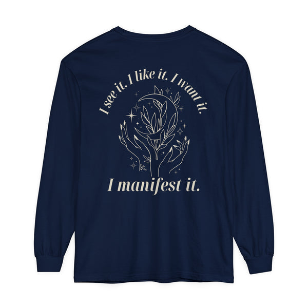 Say hello to our "I Manifest It" long sleeve tee – where cosmic dreams meet cozy comfort! 🌙✨ Let the world know your mantra: "I see it. I like it. I want it. I manifest it." Embrace the magic, wear your aspirations, and manifest your dreams in style! 🌌💫