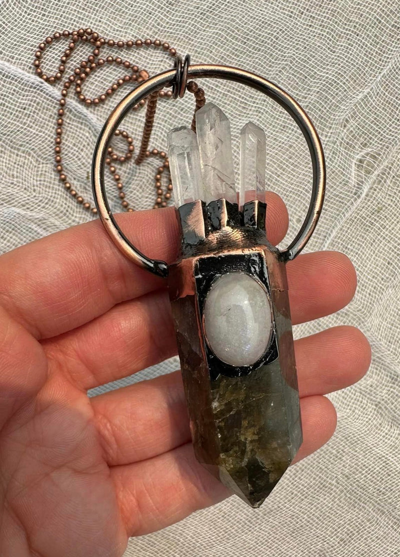 Labradorite, Moonstone + Quartz Necklace • Energizing, Spiritual Awakening, Imagination