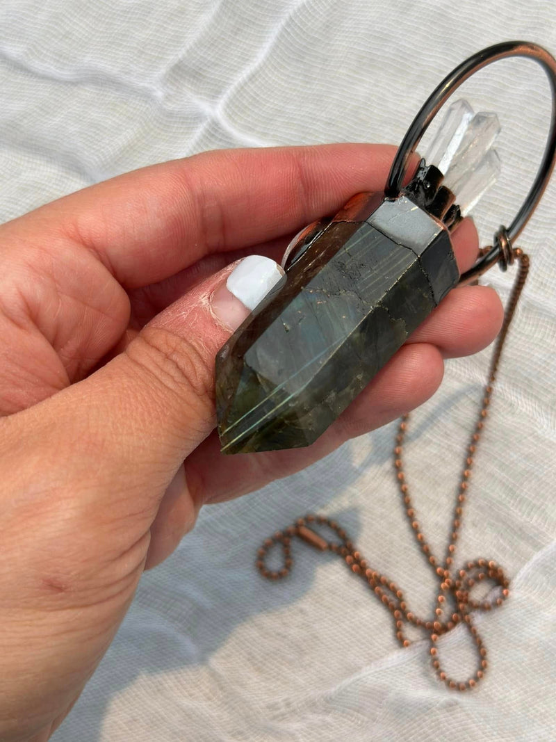 Labradorite, Moonstone + Quartz Necklace • Energizing, Spiritual Awakening, Imagination