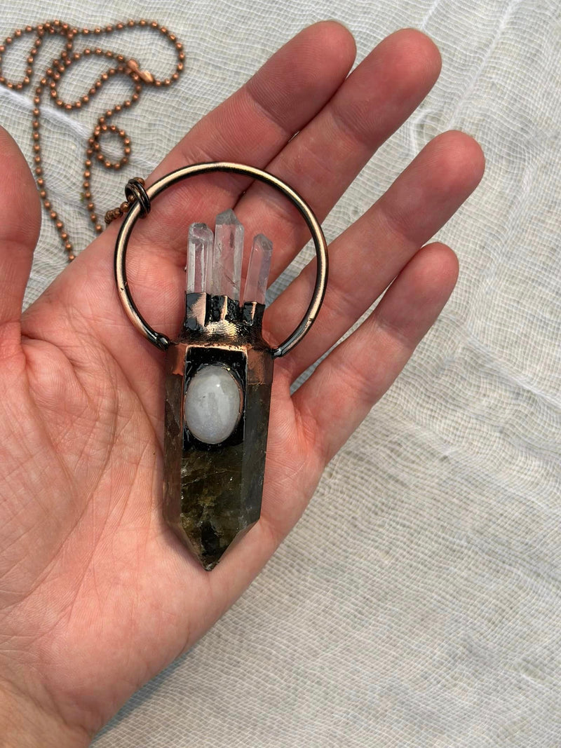 Labradorite, Moonstone + Quartz Necklace • Energizing, Spiritual Awakening, Imagination