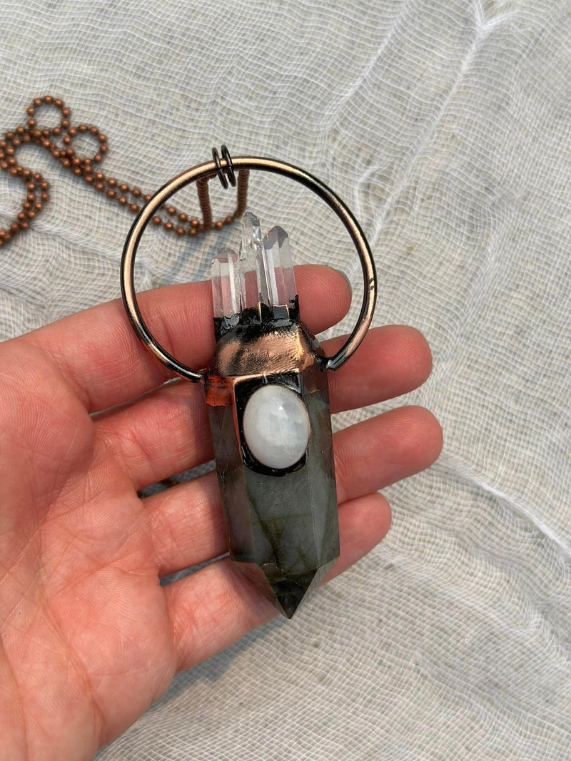 Labradorite, Moonstone + Quartz Necklace • Energizing, Spiritual Awakening, Imagination