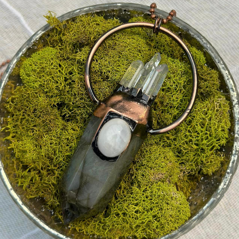 Labradorite, Moonstone + Quartz Necklace • Energizing, Spiritual Awakening, Imagination