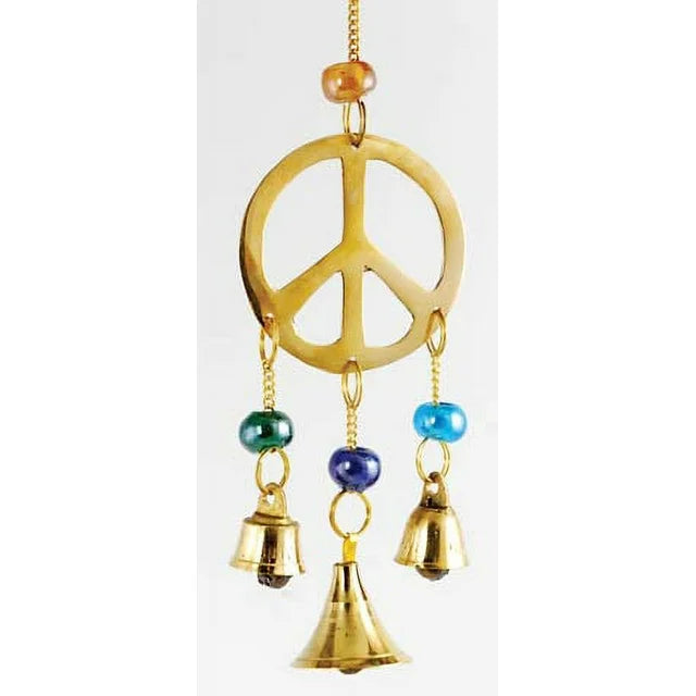 Peace Sign Brass Beaded Wind Chime With Bells