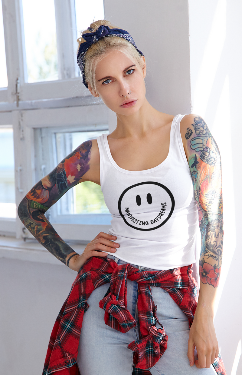 Manifesting Daydreams Happy Face Racerback Tank Top, Statement Tank, Best Summer 2023 Shirt, Smile Face Shirt, Smiley Tank, Manifesting Daydreams