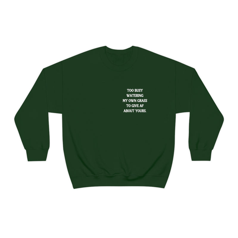 Too Busy Watering My Own Grass To Give AF About Yours Crewneck Sweatshirt, Water My Own Grass Shirt, Motivational Apparel, Confidence Shirt, Gift For Friend, Boss Babe Shirt, Small Business Owner Sweater, Green Sweatshirt, Double Printed Sweatshirt, Back Print Sweatshirt, Summer 2023 Shirt, Manifest It Tee, Manifesting Daydreams
