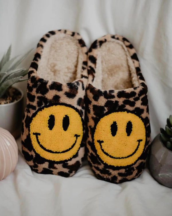 Leopard Print Smiley Face Sherpa Slippers | Women's Slippers | Best Gift 2022 | Valentine's Day Gift | Valentine Slippers | Katydid Slippers | Happy Face Slippers | Best Valentines Day Gift 2022 | Manifesting Daydreams