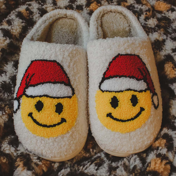 Santa Claus Smiley Happy Face Sherpa Slippers | Women's Slippers | Best Gift 2022 | Cute Christmas Gift | Christmas Slippers | Katydid Slippers | Smiley Face Slippers | Best Christmas Gift 2022 For Her | Santa Claus Slippers | Manifesting Daydreams